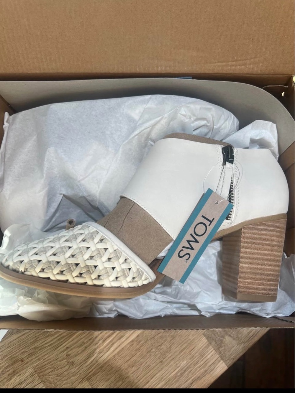 TOMS White and Taupe Woven Block Heel Sandal with Side Zip